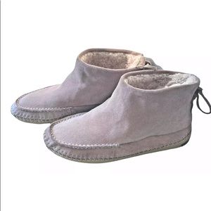 Womens Tory Burch Sz 9 Shearling Moccasin Ankle Booties Natural Beige Suede Lace